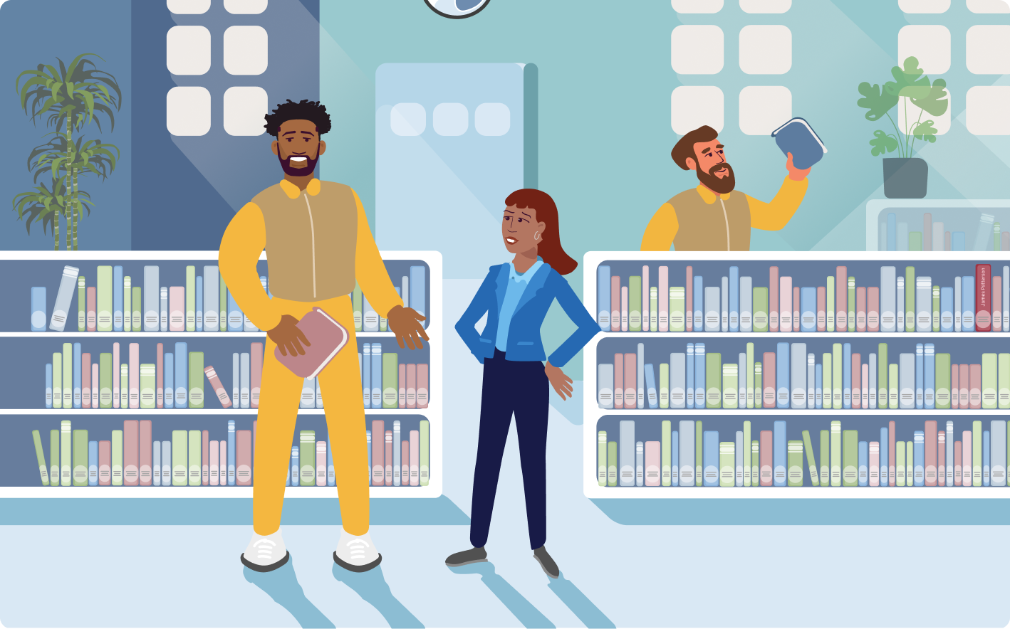 Illustration of people in a library