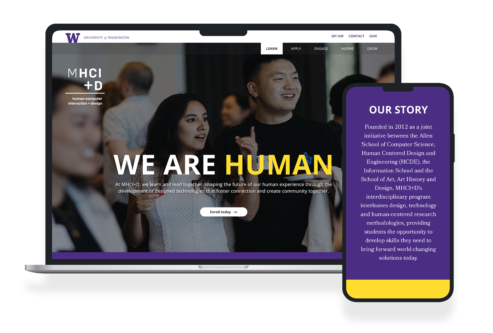 Desktop and mobile views of the UW MHCI+D website