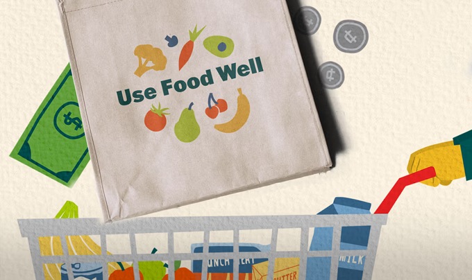 Illustration of a shopping cart full of food and a shopping bag