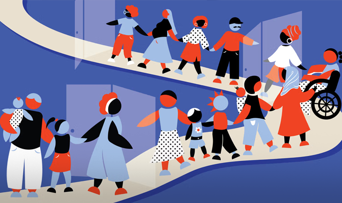Illustration of people of different ages, backgrounds, abilities, holding hands and going up a ramp