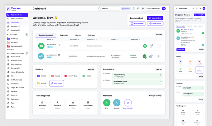 Quicken app dashboard for mobile and desktop